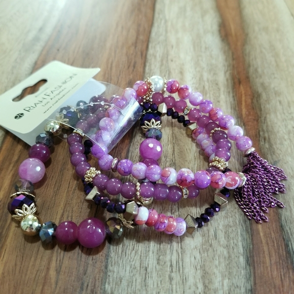 Riah Set Of Stretch Beaded Bracelets Purple Multi - Picture 4 of 5